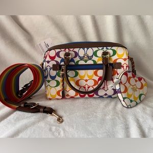 Coach Rowan Satchel In Rainbow
Sianature Canvas and rainbow wallet